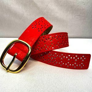 Womens Faux Leather Belt Size Small Candy Red Perforated Triangular Pattern